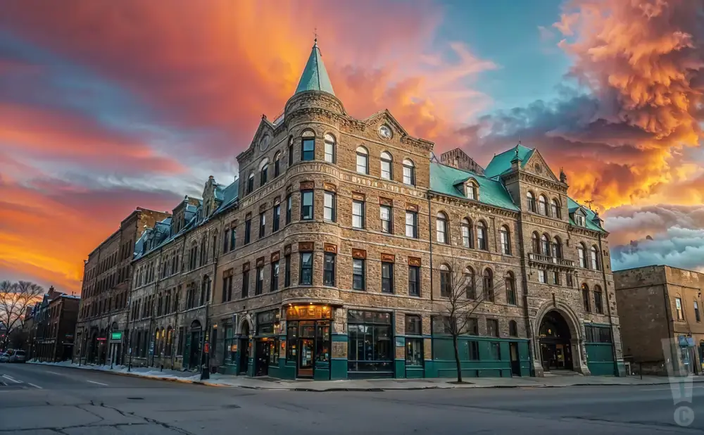 A historic brick building with a conical turret against a dramatic sunset sky.