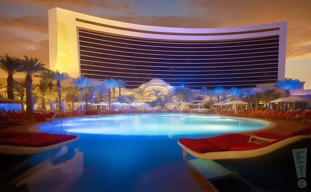 A luxury resort pool at dusk, with palm trees, lounge chairs, and a curved hotel in the background.