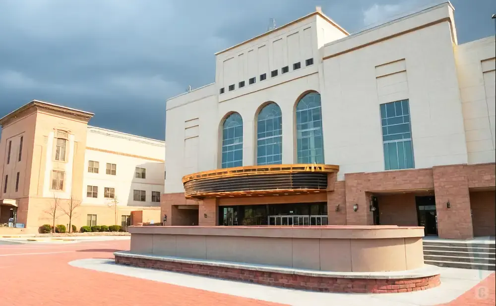 Modern building with arched windows and brick accents, under a cloudy sky.
