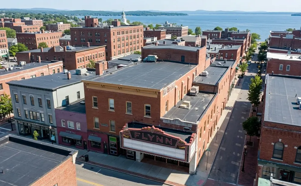 Aerial view of the Flynn theater and surrounding brick buildings in a waterfront town.