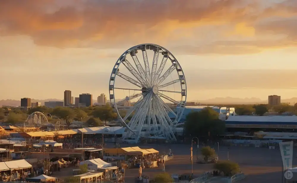 A large Ferris wheel at a fairground with a city skyline in the background at sunset.