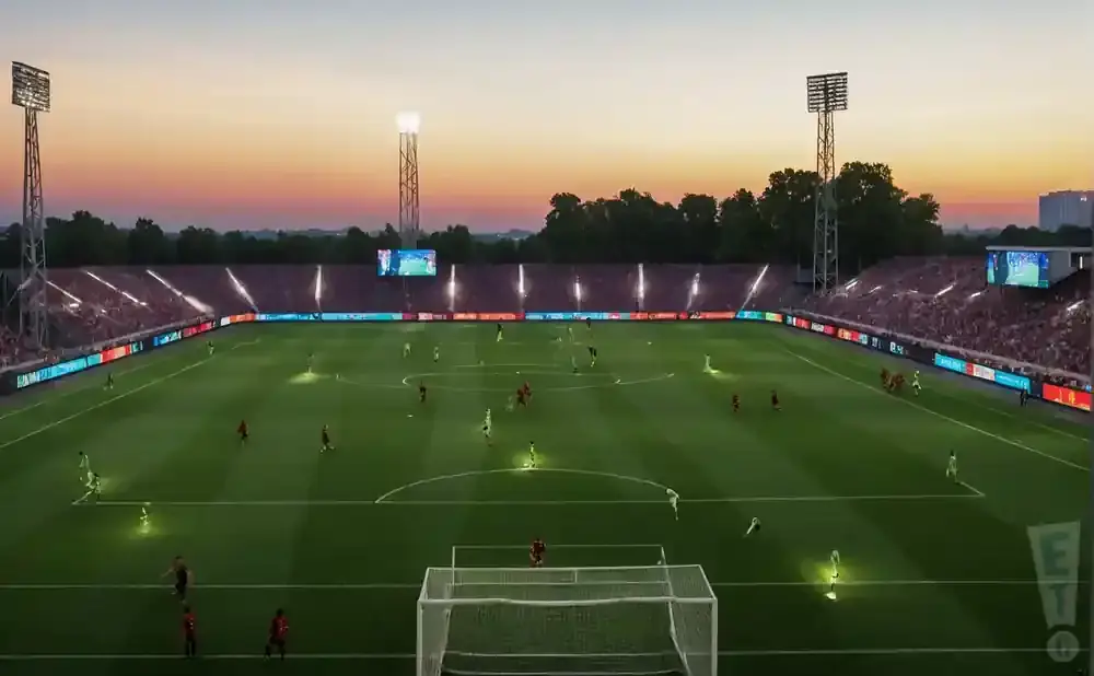A soccer game takes place in a stadium at sunset with stadium lights on.