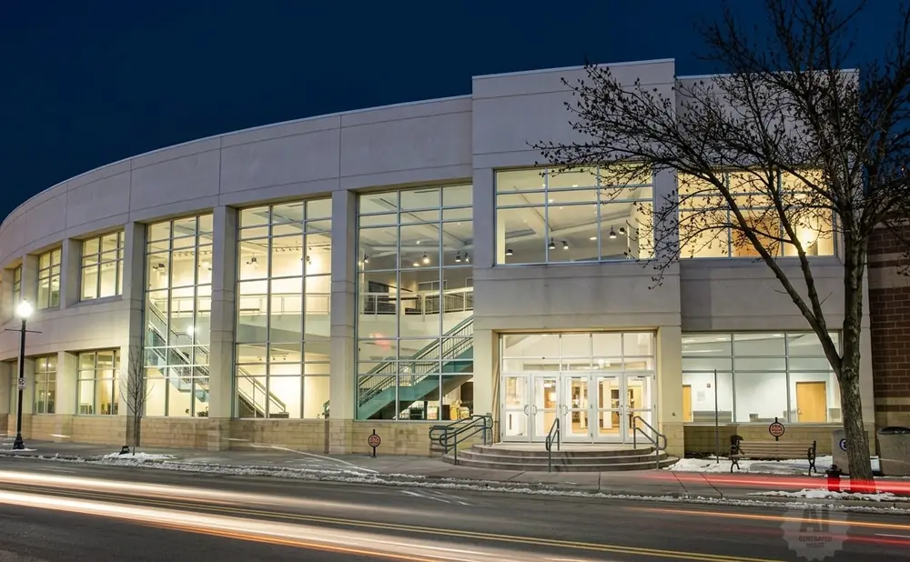 Modern building with large windows at dusk, car light trails on the street.