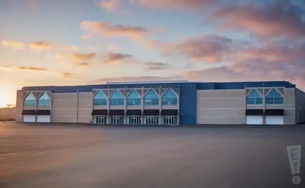 A large building with a beige and blue facade, arched windows, and awnings stands in an empty parking lot under a cloudy sunset sky.