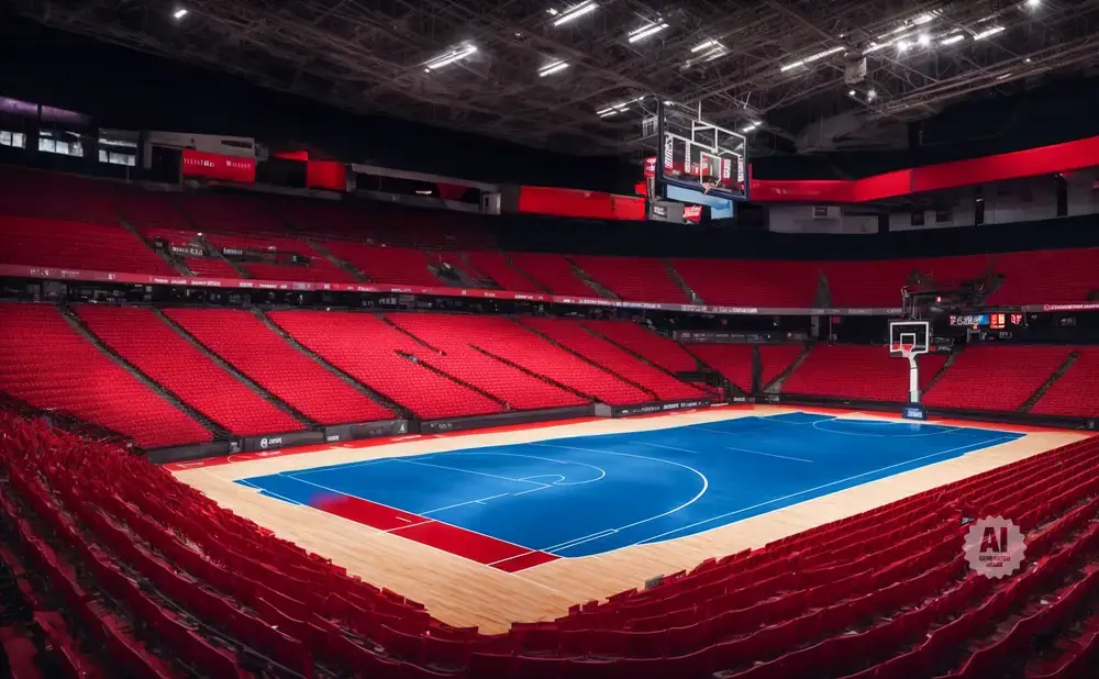 Empty basketball arena with red seats and a blue court.