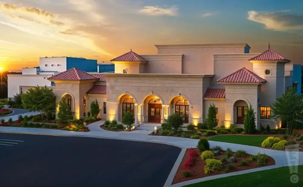 A large beige building with red-tiled roofs and arched doorways, illuminated at sunset.