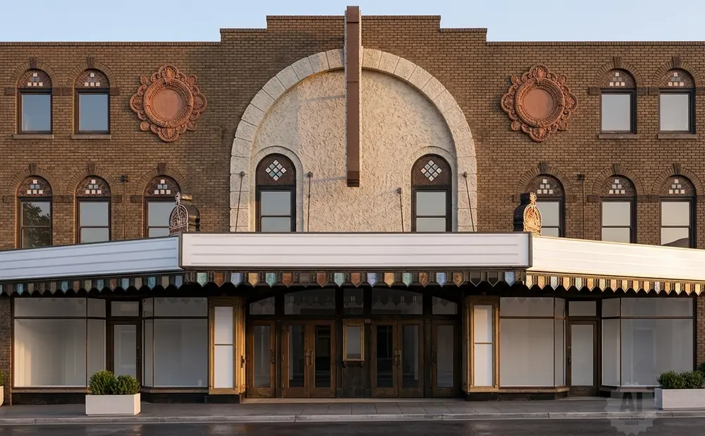 Marquee theater with ornate brickwork, arched windows, and a large marquee sign.