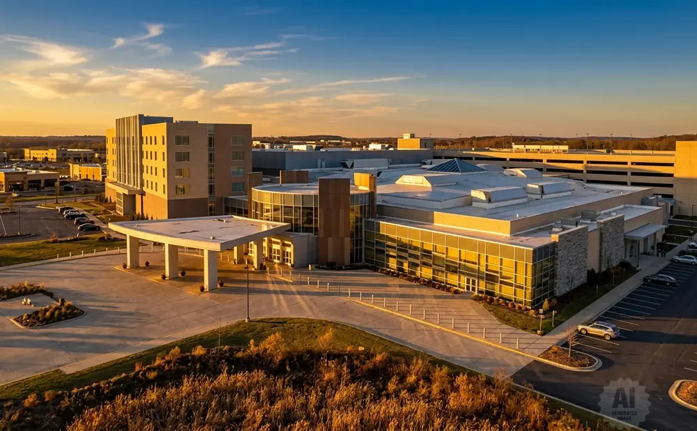 An aerial view of a modern hospital and parking garage at sunset.