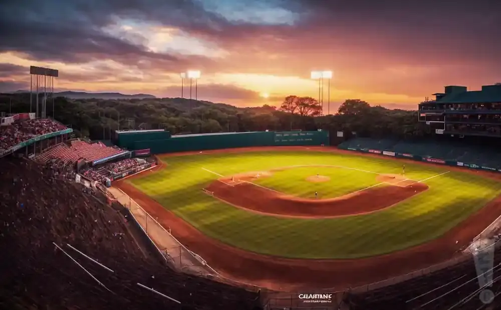 Baseball field at sunset with dramatic sky and stadium lights on.