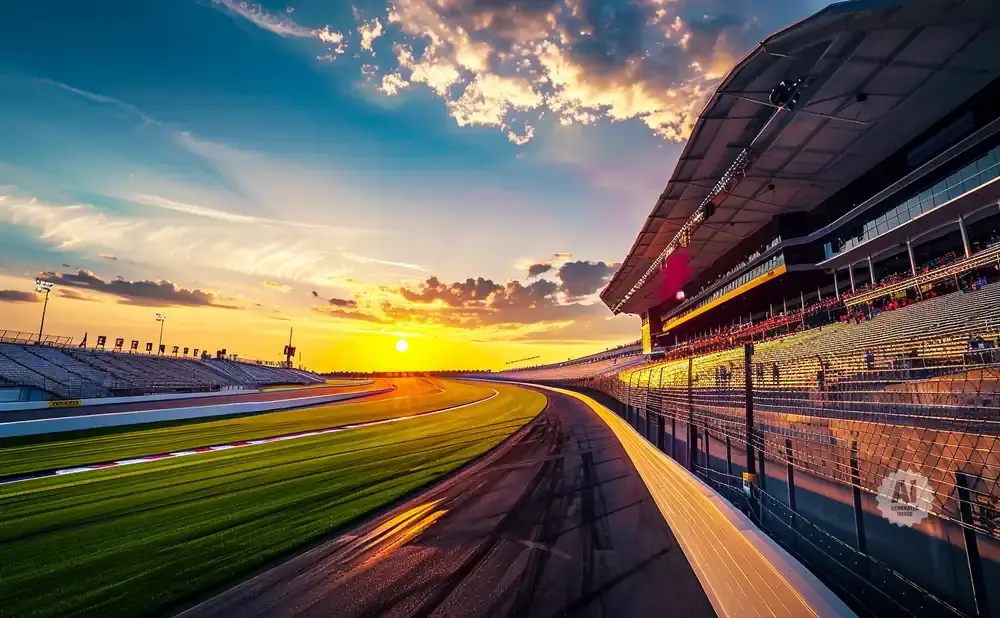 Sunset over a racetrack with grandstands and a bright sky.