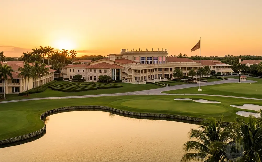 Sunset over a golf course with a large building and palm trees.