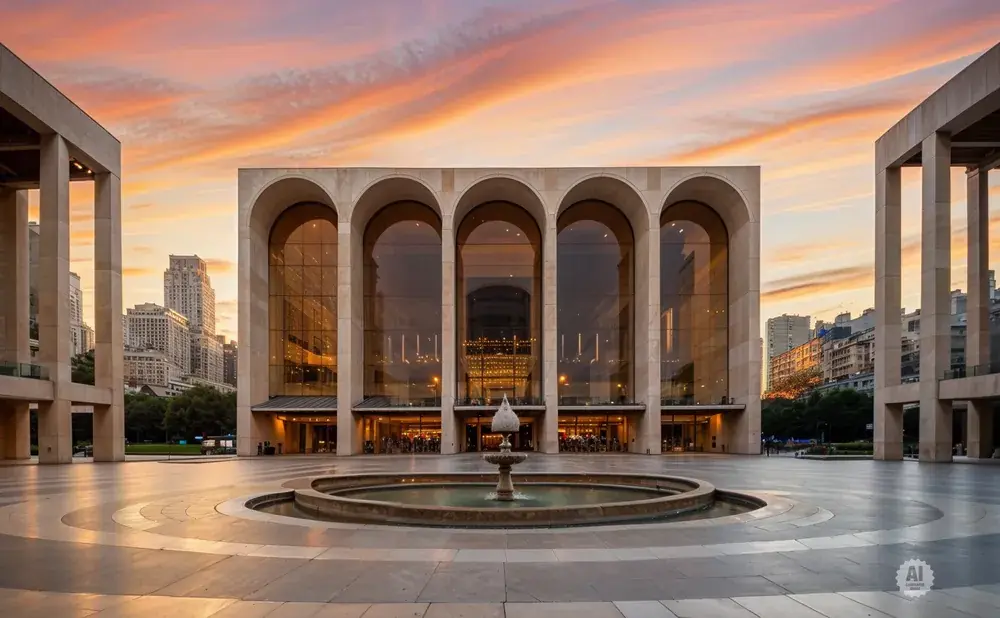 Lincoln Center plaza at sunset with a fountain and arched building.