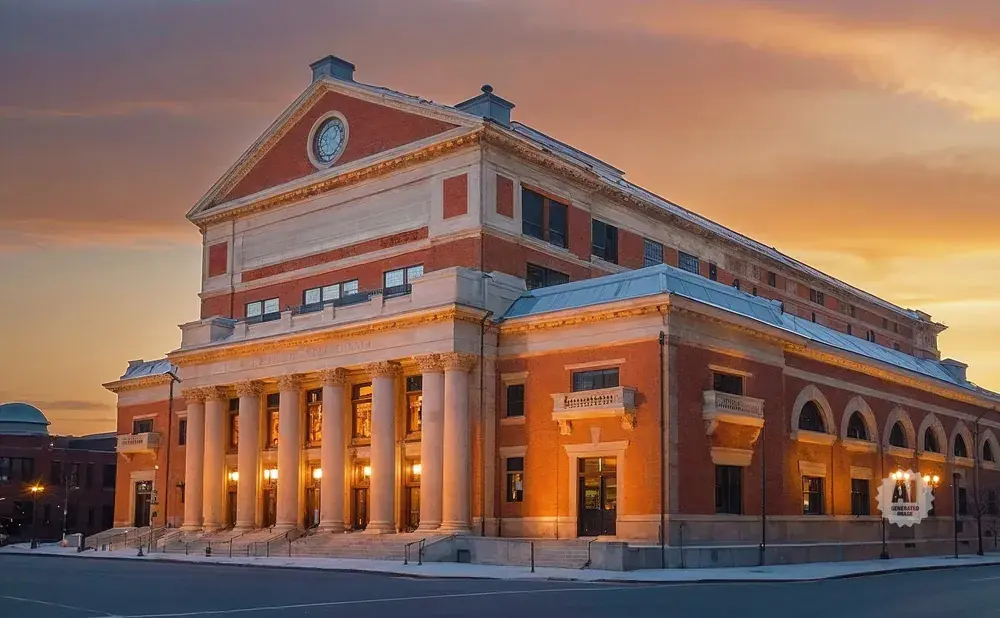 Grand brick building with classical columns and arched windows at sunset.