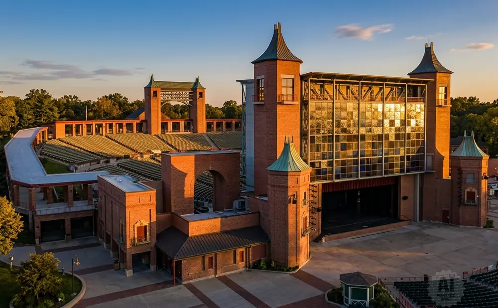 Outdoor amphitheater with brick buildings, seating tiers, and a stage bathed in golden sunset light.