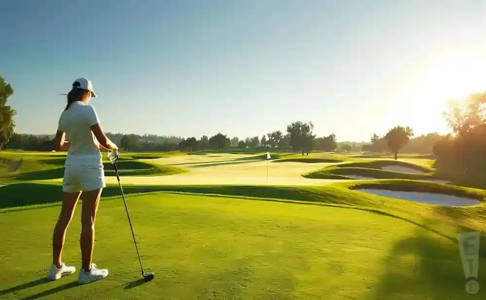 Golfer on a green course with sand traps and trees under a sunny sky.
