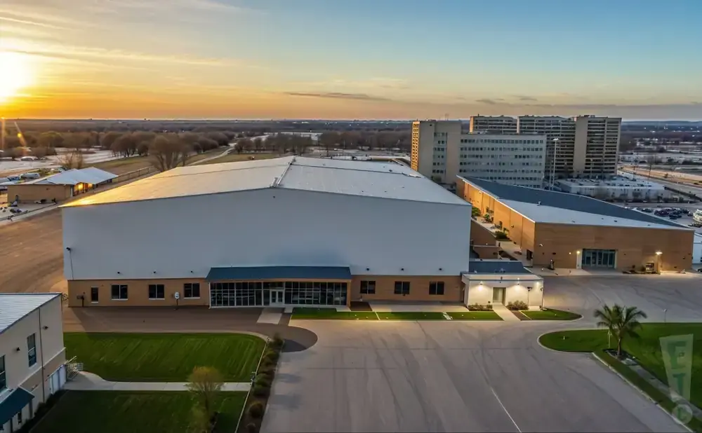 Aerial view of large warehouse-style buildings at sunset with high-rise buildings in the background.