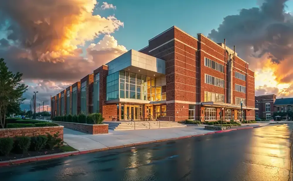 A brick building with large windows and a modern glass entrance, reflected in a wet street under a dramatic sunset sky.