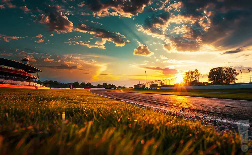 Golden sunset over a racetrack with stadium seating and grass in the foreground.