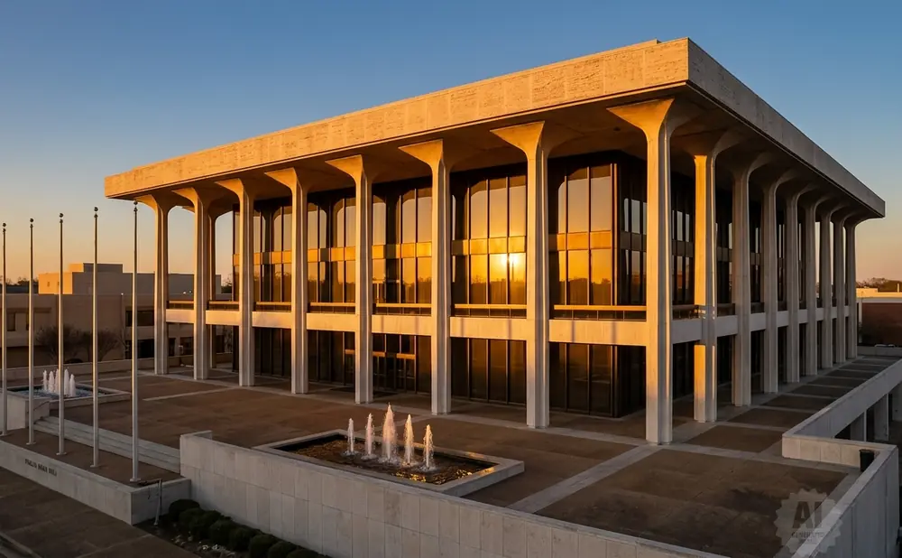 Modern building with large windows reflecting sunset, supported by columns.