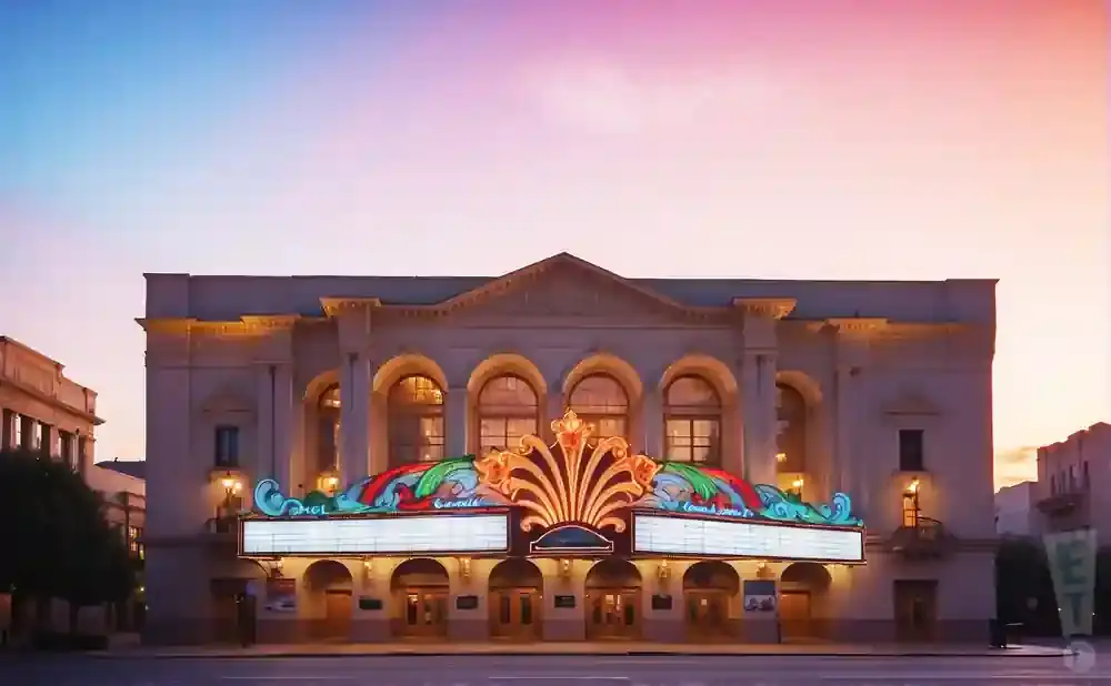 Art Deco theater at sunset with marquee lights and ornate facade.