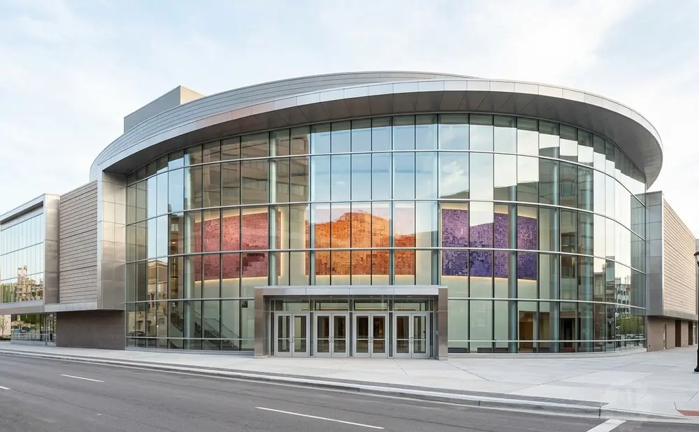 Modern building with curved glass facade featuring colorful art panels and glass doors.