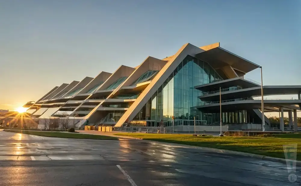 Modern convention center with a distinctive zigzag roofline and large glass facade at sunset.