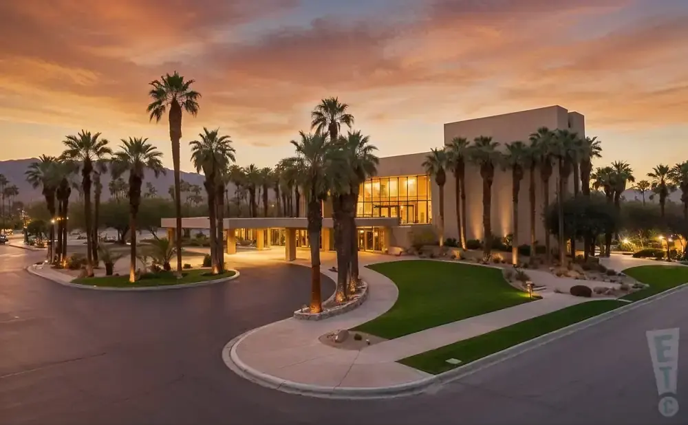 A modern building with palm trees in front at sunset.