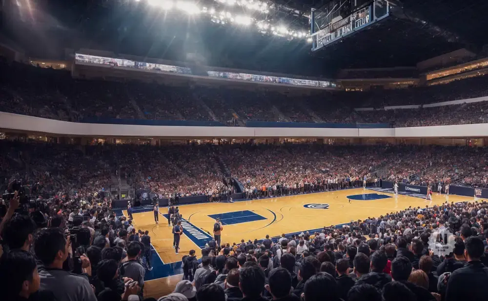 A basketball game in a crowded arena.