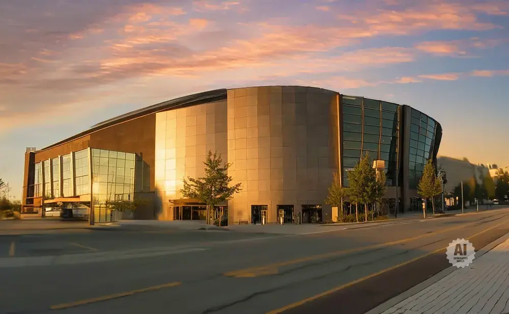 A modern, curved building with glass and tan panels at sunset.