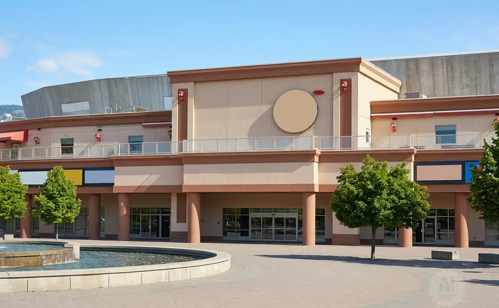 A modern building with a circular sign, balconies, and trees, in front of a fountain.