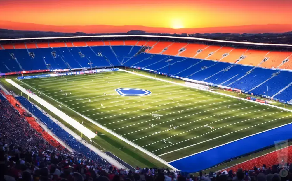 An aerial view of a football stadium with a sunset over the mountains.