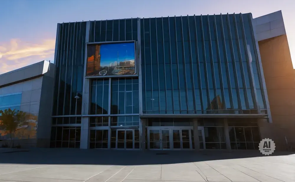 Modern glass building with a large digital billboard displaying a cityscape under a sunset sky.