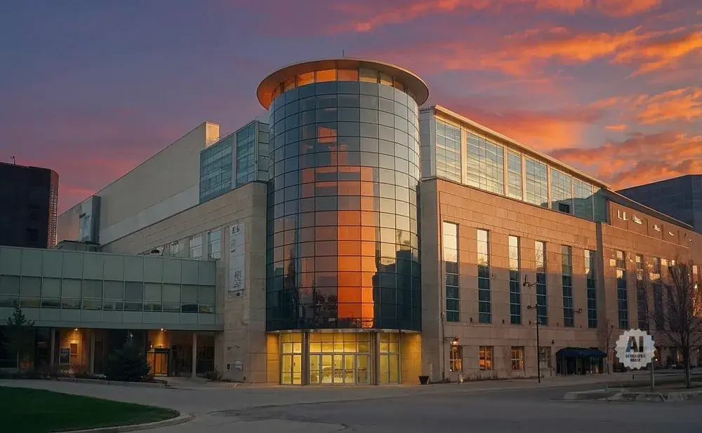 Modern glass and stone building at sunset with colorful sky reflections.