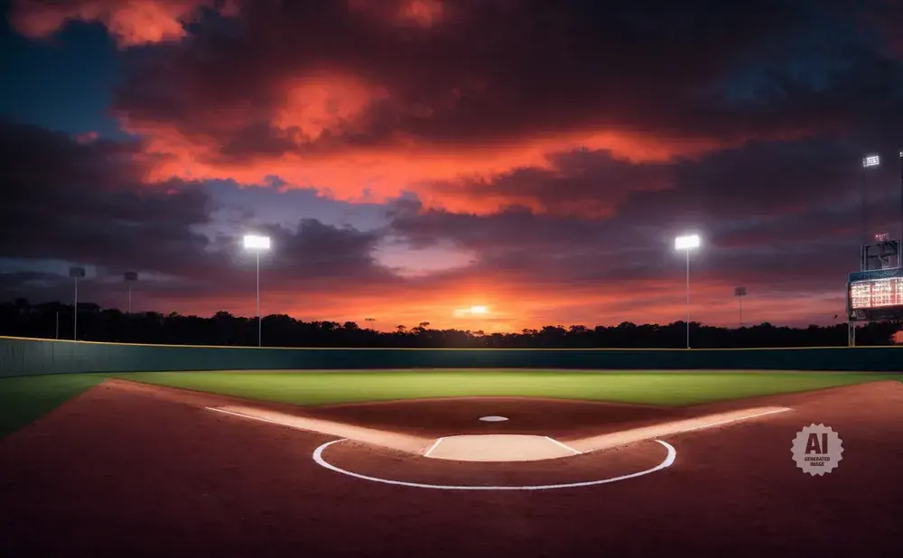 A baseball field at sunset with dramatic orange clouds and stadium lights.