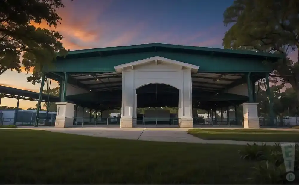 A large open-air pavilion with a green roof and white arched entrance, set against a colorful sunset sky.