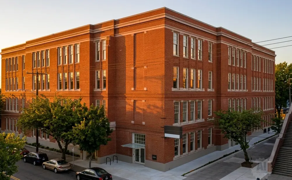An old brick school building with many windows, bathed in warm sunset light.
