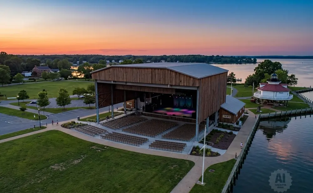 Outdoor amphitheater and lighthouse on a waterfront at sunset.
