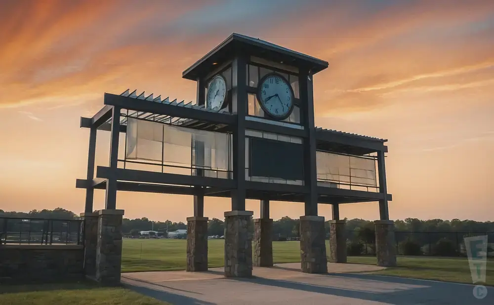 A clock tower and pergola structure at sunset, with a green field and trees in the background.