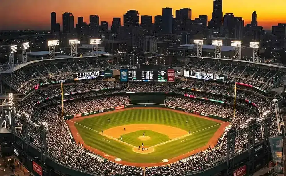 Aerial view of a baseball stadium at sunset, with a city skyline in the background.