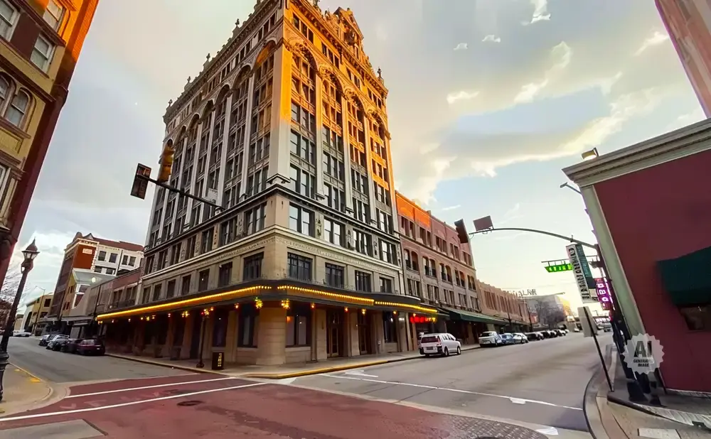 A vintage building with ornate architecture stands tall on a city street corner, illuminated by warm sunlight.