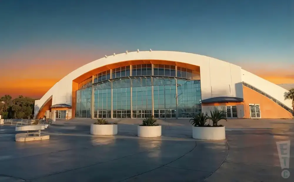Modern arena with a curved roof and large glass facade, set against a sunset sky.