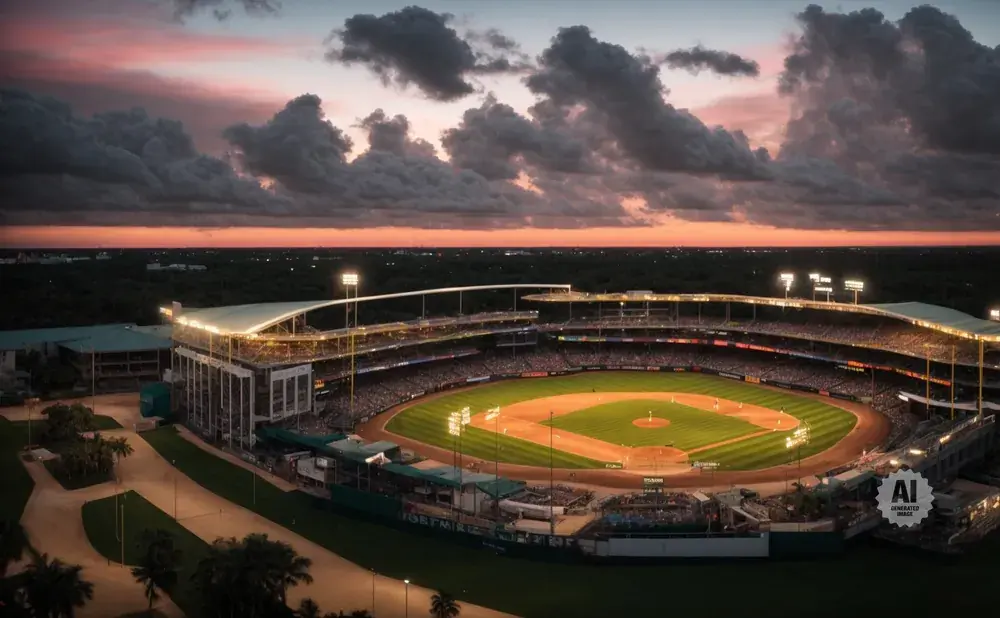 Aerial view of a baseball stadium at dusk, with dramatic clouds and field lights illuminating the game.