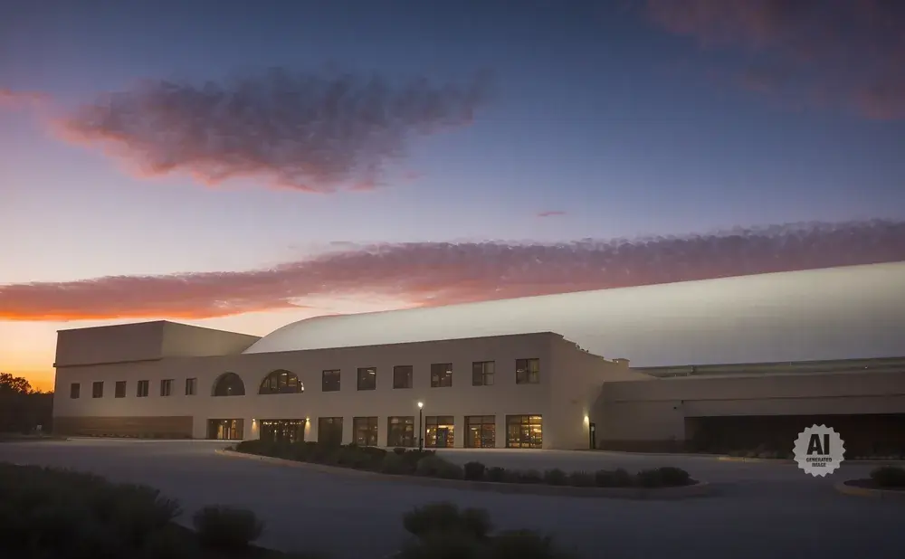 A modern building with a curved roof at sunset with colorful clouds.