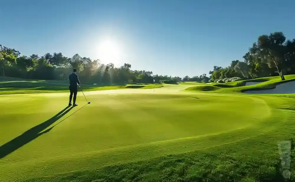 Golfer on a vibrant green golf course with the sun shining brightly.