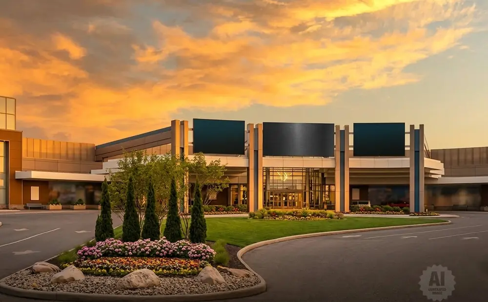 Modern casino entrance with large digital billboards under a colorful sunset sky.
