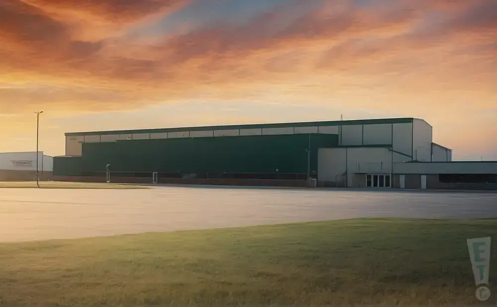 A large industrial building with green accents stands under a vibrant orange and pink sunset sky.
