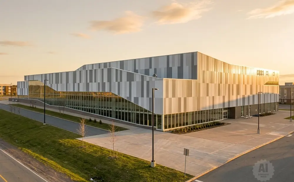 Modern building with a striped facade and large windows at sunset.