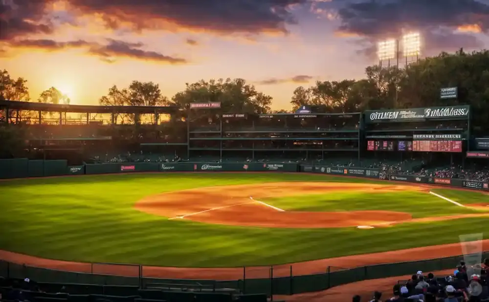Baseball stadium at sunset with a warm glow on the field and stadium lights.
