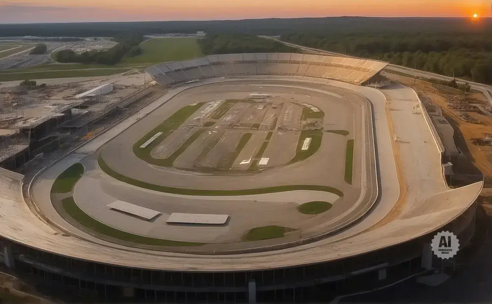 Aerial view of a vast, empty race track at sunset, with some construction visible.
