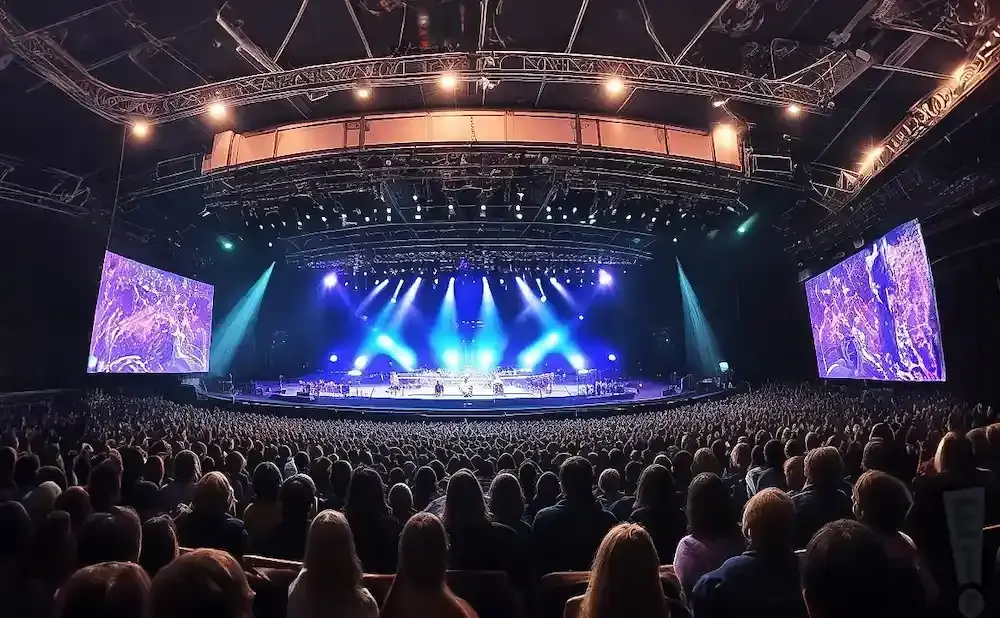 A wide-angle view of a packed concert hall with a stage lit by blue spotlights and two large screens displaying abstract purple art.